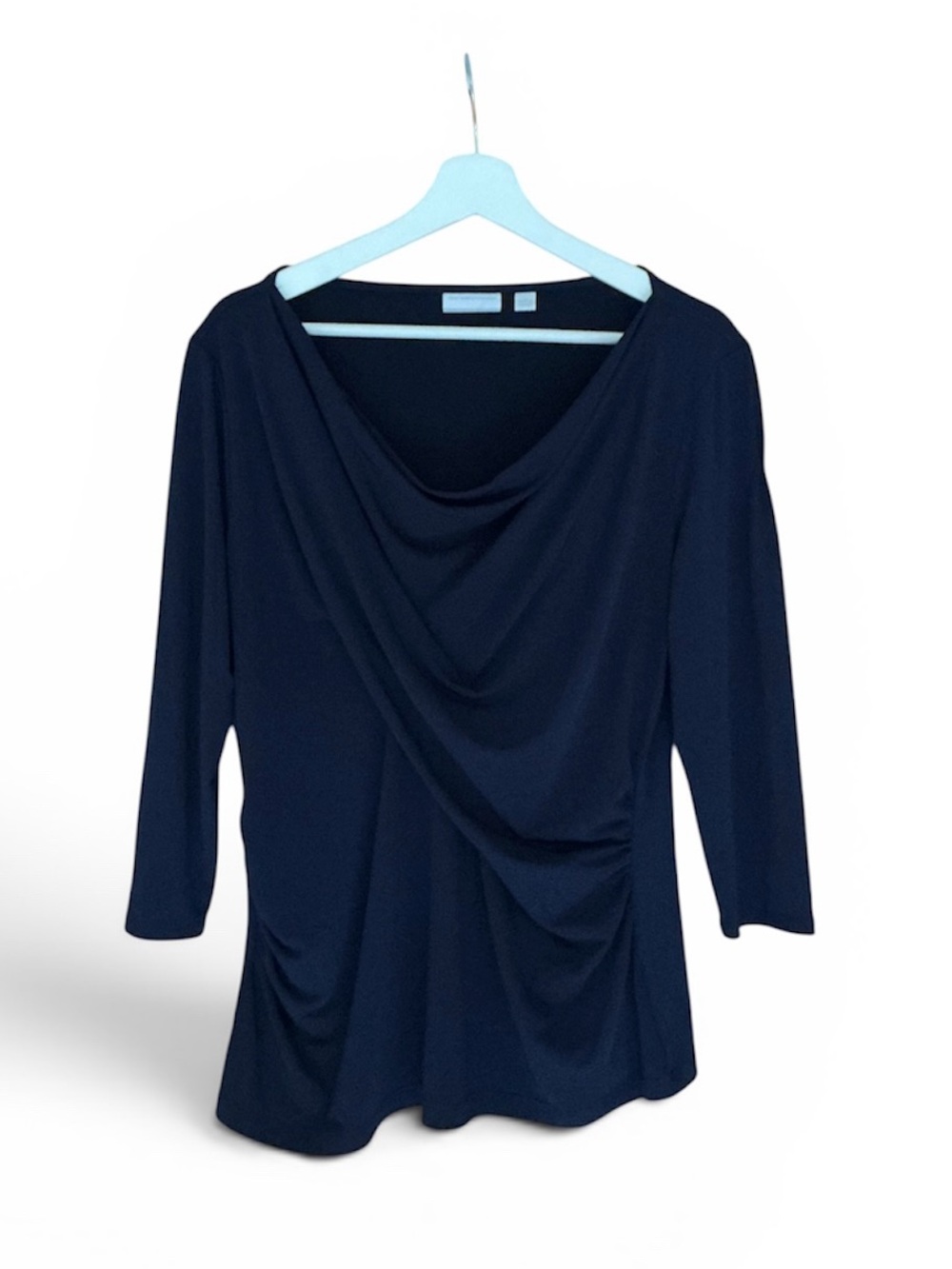 New York & Company Navy Draped Cowl Ruched Waist Three-Quarter Sleeve Top